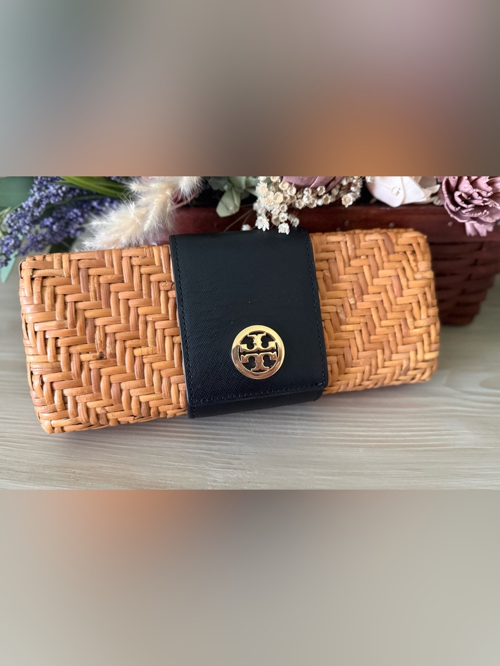 Tory Burch Black Leather & Natural Woven Clutch with Gold Logo